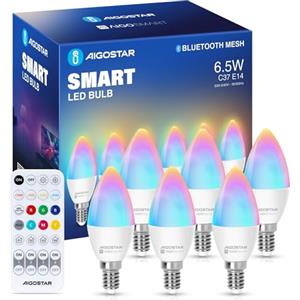 Aigostar Mesh - Lampadine Alexa Bluetooth Mesh 6.5W C37, Lampadina Smart Works with Alexa, Lampadina Alexa E14 Candela LED 555LM RGB & 2700K-6500K, 6 Unità (Con Telecomando Bluetooth)