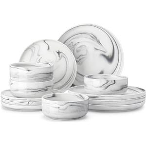 MALACASA Serie LUNA Set di Piatti 12 Pezzi in Porcellana per 4 Persone con Piatti Piani Grandi, Piatti da Dessert, Ciotole, Servizio di Piatti Rotonde Marmo Grigio