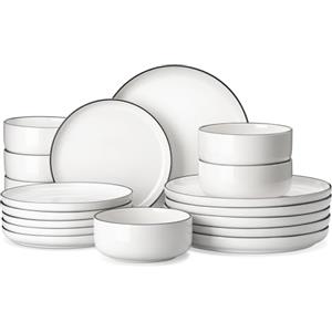 MALACASA Serie LUNA Set di Piatti 18 Pezzi in Porcellana per 6 Persone con Piatti Piani Grandi, Piatti da Dessert, Ciotole, Servizio di Piatti Rotonde Bianco con Bordo Nero