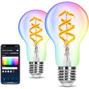 Aigostar Lampadina Alexa, Lampadine Smart E27 RGBW 4.9W 420LM, Smart Bulb A60 Luce Calda 2700K, Lampadine Intelligenti Compatibile con Alexa e Google Home. Lampadina Vintage Filamento WIFI, 2 Unità