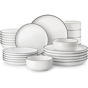 MALACASA Serie LUNA Servizio di Piatti 24 Pezzi in Porcellana Bianca per 6 Persone con Piatti Piani Grandi, Piatti da Dessert, Piatti Fondi, Ciotole, Set di Piatti Rotonde Bianco con Bordo Nero