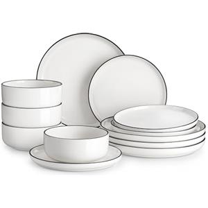 MALACASA Serie LUNA Set di Piatti 12 Pezzi in Porcellana per 4 Persone con Piatti Piani Grandi, Piatti da Dessert, Ciotole, Servizio di Piatti Rotonde Bianco con Bordo Nero