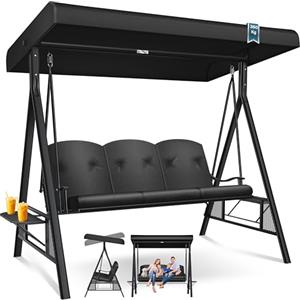 KESSER® Dondolo Hollywood con tettuccio parasole, 3 Posti, cuscino di seduta, Portata fino a 360 kg, Sdraio da Giardino con piedini antiscivolo, Uso Esterno e Interno, Idrorepellente, Nero