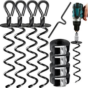 KESSER Set di 4 ancoraggi a terra,9 pezzi,fissaggio per trampolino,altalena,gazebo,tenda per feste,giardino,altalena,tenda,in acciaio inox 1 cm,per avvitare,4 cinghie + aiuto rotante