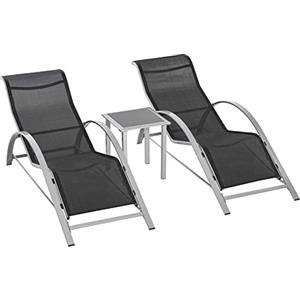 Outsunny Set 2 Sdraio da Giardino e Tavolino con Vetro, Lettino Prendisole con Tessuto Traspirante 59 x 169 x 66cm, Nero Grigio