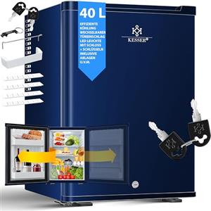 KESSER® Minifrigo con serratura, Capacità minibar 40 litri, Silenzioso 22db, Chiusura a chiave, Camera da letto, Cerniera porta modificabile, circa 4°-16°C Altezza 57cm, Illuminazione interna