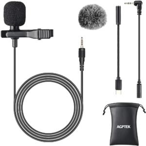 AGPTEK Lavalier Microfono per PC Smartphone con Clip e Un Parabrezza Incluso Adattatore Tipo-c Microfono Esterno Trust Ideale per Youtuber Intervista Conferenza Video Camera Podcast Cavo da 2M