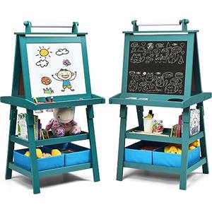 COSTWAY 3 in 1 Cavalletto per Bambini con Doppia Faccia, Cavalletto per Disegno con 2 Vassoi e 2 Scatole, Lavagna Bambini in Legno (Blu)