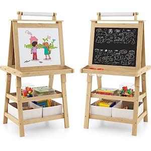 COSTWAY 3 in 1 Cavalletto per Bambini con Doppia Faccia, Cavalletto per Disegno con 2 Vassoi e 2 Scatole, Lavagna Bambini in Legno (Naturale)