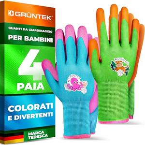GRÜNTEK Guanti Giardinaggio Gioco Lavoro per Bambini 4 PAIA - Rivestiti in latex. Senza BPA. Certificati EN420 / EN388 (Taglia 5)