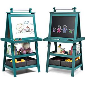 RELAX4LIFE 3 IN 1 Lavagna per Bambini, Cavalletto Pittura a Doppia Faccia, Lavagna Magnetica con Rotolo di Carta, Giocattolo Educativo 3+ Anni (Blu)