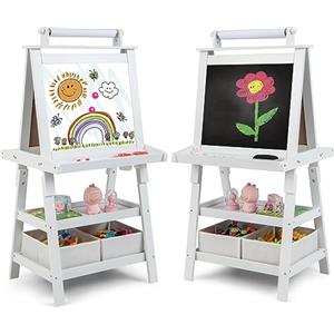 COSTWAY 3 in 1 Cavalletto per Bambini con Doppia Faccia, Cavalletto per Disegno con 2 Vassoi e 2 Scatole, Lavagna Bambini in Legno (Bianco)