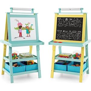 COSTWAY 3 in 1 Cavalletto per Bambini con Doppia Faccia, Cavalletto per Disegno con 2 Vassoi e 2 Scatole, Lavagna Bambini in Legno (Verde)