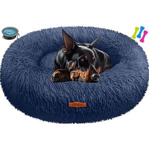 Lovpet® Letto per Cani e Gatti Bagel Ø 120 cm - (4XL), Lavabile, incl. Ciotola + 3X Ossi da Masticare, Divano in Peluche per Cani di Piccola, Media e Grande Taglia, Gatti - Blu Marino