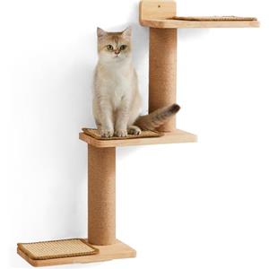 FUKUMARU Albero Tiragraffi per Gatti, Mensole da Arrampicata per Gatti in Legno Massiccio.3 Piattaforme In Sisal, Tiragraffi per Gatti da Parete, Palestra Girevole per Gatti Graffiare e Gioccare.