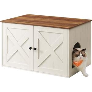 Feandrea Mobile Lettiera per Gatti con Divisorio Rimovibile, Cassetta per Gatti per Interno, Tavolino, 80 x 53 x 50 cm, Marrone Miele e Bianco Vintage PCL002P01V1