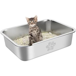 PTLOM Lettiera per gatti in acciaio inossidabile, grande lettiera per gatti in metallo, antispruzzo, inodore e antiaderente, adatta per gatti grandi e piccoli, conigli, zampa di Tabby, 40x30x10cm