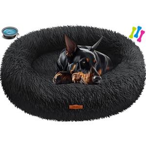 Lovpet® Letto per Cani e Gatti Bagel Ø 120 cm - (4XL), Lavabile, incl. Ciotola + 3X Ossi da Masticare, Divano in Peluche per Cani di Piccola, Media e Grande Taglia, Gatti - Nero