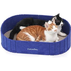 FUKUMARU Tiragraffi per Gatti in Cartone,Cuccia Gatto in Feltro,Letto per Gatti con 2 Tappetini Tiragraffi in Cartone di Alta Qualità,Tiragraffi Rimovibile e Reversibile, Lungo da 61 cm,Blu Brillante