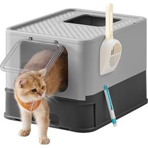 Feandrea Lettiera per Gatti Nascosta, Casetta per Lettiera, Vassoio Estraibile, Paletta, Spazzola, Ampio per Gatti Grandi, Portata 15 kg, Antipertita, Grigio Antracite e Grigio Tortora PPT001B01