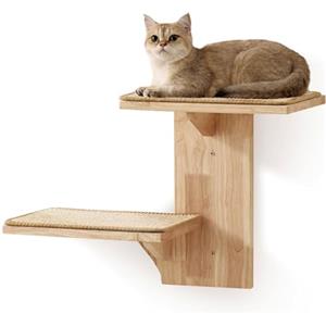 FUKUMARU Mensole per Gatti da Parete,2 Gradini da Parete per Gatto,Mensole Fatto di Legno Massiccio di Gomma con Tappetino in Sisal,Tiragraffi da Parete per Gatto si Arrampica e Riposa.