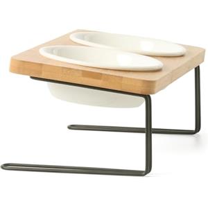 FUKUMARU Ciotola per Gatti e Cani Rialzata,Ciotola per Cibo per Gatti Inclinata di 15°, con Bambù Antiscivolo e Supporto in Metallo,Ciotola in Ceramica di Alta Qualità del Diametro di 14 CM.