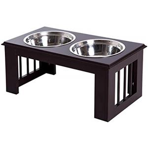 PawHut Ciotole Rialzate per Cani Taglia Media, Supporto Portaciotole in MDF con 2 Ciotole in Acciaio Inox per Cibo e Acqua, Caffè Scuro