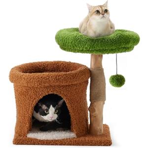 FUKUMARU Albero per Gatti Piccolo, Tiragraffi con Cuccia per Gatti in Legno Massello e Peluche, una Carina Grotta per Gatti con Graffiatoio e una Palla Giocattolo.Lettino Morbido per Gatti in Cima.