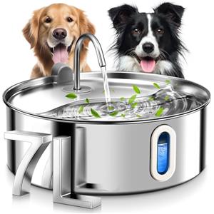 FUKUMARU Fontanella per Cani/Gatti. 7L con 3 Filtri.Fontana del Cane in Acciaio Inox Super Silenzioso con Finestra Visibile.Multipli Filtrazione e Pompa Sicura Intelligente.Facile da Montare e Pulire.