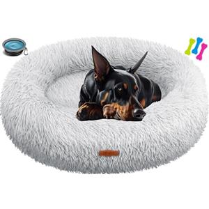Lovpet® Letto per Cani e Gatti Bagel Ø 120 cm - (4XL), Lavabile, incl. Ciotola + 3X Ossi da Masticare, Divano per Cani in Peluche per Cani di piccola, Media e Grande Taglia, Gatti - Grigio Chiaro