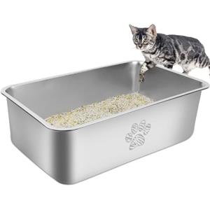 PTLOM Lettiera per gatti in acciaio inossidabile, grande lettiera per gatti in metallo, antispruzzo, inodore e antiaderente, adatta per gatti grandi e piccoli, conigli, zampa di Tabby, 60x40x20cm