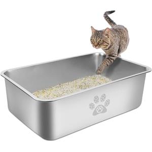 PTLOM Lettiera per gatti in acciaio inossidabile, grande lettiera in metallo per gatti, antispruzzo, inodore e antiaderente, adatta per gatti grandi e piccoli, conigli,60x40x15cm