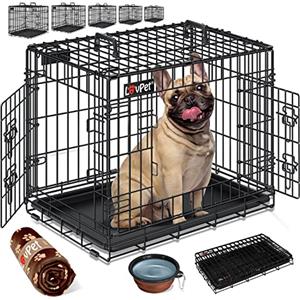 LOVPET® Gabbia pieghevole per Cani con Coperta in Pile + Ciotola per Cani con 2 porte Gabbia per Trasporto Auto - 77,5x48,5x55,5 cm, Trasportino per Animali con Pavimento, M - Nero