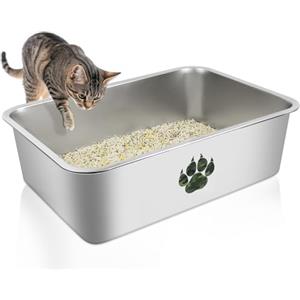 PTLOM Lettiera per gatti in acciaio inossidabile, grande lettiera per gatti in metallo, antispruzzo, inodore e antiaderente, adatta per gatti grandi e piccoli, conigli, mimetica Paw，60x40x15cm