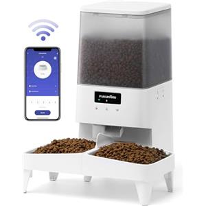 FUKUMARU Distributore Automatico Cibo per Gatti e Cani,5L,Distributore con 2 Ciotole Rialzate in Acciaio 304, Ciotola Elevata Sano per il Collo dei Gatti, 10 Pasti/Giorno. Alimentazione Intelligente.