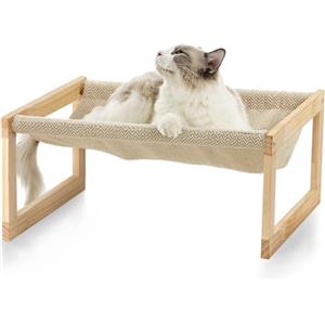 FUKUMARU Cuccia Per Gatti Rialzata, Letto Traspirante e Comodo per Gatti, Struttura Durevole in Legno Massiccio. Adatti a Gatti,Cuccioli.Cuscino in Lino Lavabile. Esterno e Interno 53 X 42 cm