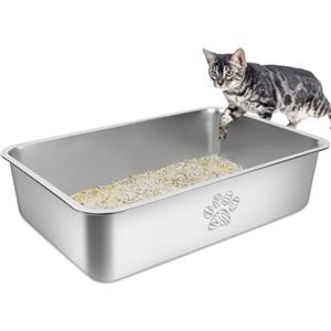 PTLOM Lettiera per gatti in acciaio inossidabile, grande lettiera per gatti in metallo, antispruzzo, inodore e antiaderente, adatta per gatti grandi e piccoli, conigli, zampa di Tabby, 60x40x15cm