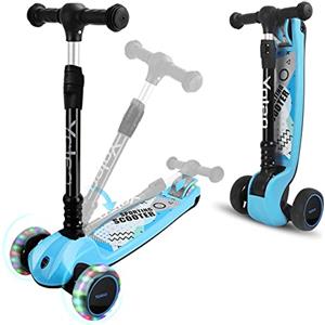 YOLEO Monopattino Bambini 3 a 10 Anni, Monopattino 3 Ruote con Ruote Lampeggianti in Led, Kids Scooter, Regolabile in Altezza, Capacità Massima di 75 kg, Regalo per Bambini (Blu-Pieghevole)