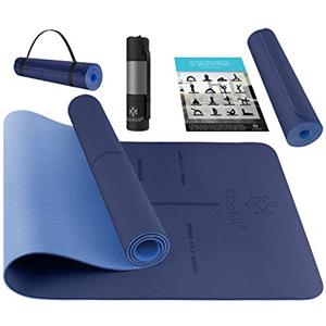 KESSER® Tappetino da ginnastica con cinghia di trasporto Tappetino da yoga in TPE imbottito antiscivolo e Tappetino da fitness antiscivolo, 183 x 61 Tappetino da allenamento extra spesso, scuroblu/blu