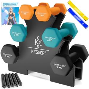 KESSER® Set di manubri, 3 paia, 1 kg - 5 kg, 12 kg o 18 kg, manubri con supporto, palestra, allenamento della forza, set di manubri antiscivolo in neoprene, con quaderno per esercizi, 2 fasce fitness