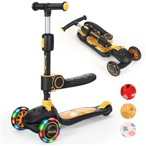 BremToy Monopattino Bambini con Sedile, Monopattino Pieghevole con 3 Ruote LED Luce, Altezza Regolabile per Bambini 2-8 Anni, Carico 50 kg, Giallo + Nero