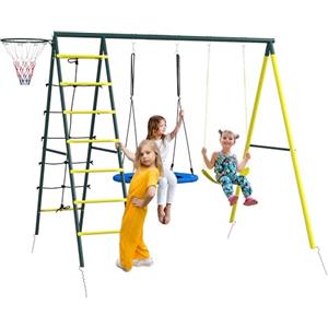 Outsunny Set Altalene da Giardino per Bambini con Scaletta, Giochi da Esterno per Bambini 3-8 Anni con Altalena Rotonda e Classica, Scale e Canestro