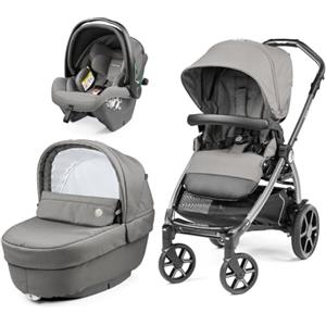 Peg Perego Book Modular - Passeggino Trio Neonati 0-4 Anni, Passeggino Reversibile, Navicella con Comfort System, Seggiolino Auto i-Size, Ruote Soft Ride, Materassino Fresco Jersey, Mercury