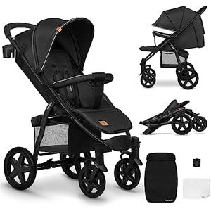 LIONELO Annet passeggino leggero pieghevole grigio regorabile con posizione sdraiata con ruote EVA cappottina XXL con zanzariera coprigambe portabibite fino 22 kg (Nero, PLUS)