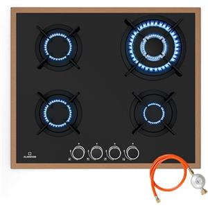 KLARSTEIN Lumiflame Piano Cottura a Gas, 4 Bruciatori 8kW, Vetro Temperato & Cornice in Rame, Accensione Elettrica, Sicurezza FFD, Supporti in Ghisa, Compatibile GPL/Naturale, 60cm