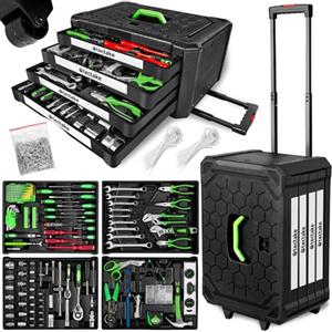 TecTake® Trolley Porta Attrezzi 4 Scomparti, 899 Pezzi, Valigetta Completa con Utensili per Fai da Te, Cassetta degli Attrezzi con Ruote, Valigetta Attrezzi con Maniglia Telescopica - Nero