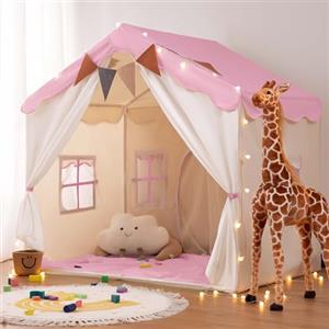 besrey 2 in 1 Tenda per Bambini besrey, Tenda Casetta da Gioco con 2 Porte e 4 Finestre, Tenda da Gioco per Bambini Interni ed Esterni con Tappetino Imbottito, Luci Fatate e bandierine (Rosa)