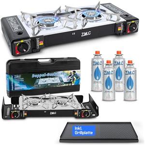 Z.M.C ZMC - Fornello a gas da campeggio, a 2 luci, con adattatore per connettore LPG + piastra 45 x 24 cm + 4 cartucce a gas da 227 g, fornello da campeggio con accensione piezoelettrica per esterni