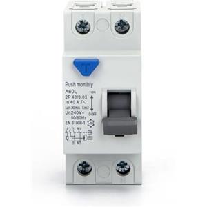 Watio Wave Interruttore differenziale 2P 63A 30mA CA, ideale per la protezione dei circuiti elettrici e la prevenzione delle scosse elettriche.