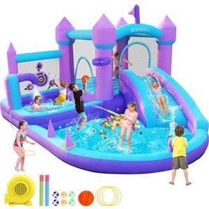 GYMMALL Castello Gonfiabile per bambini 3-8 anni, Casa dei Sogni Viola con Scivolo d'Acqua e Soffiatore da 480W, Grande Castello Gonfiabile con Area Salto, Piscina di Palline, Piscina